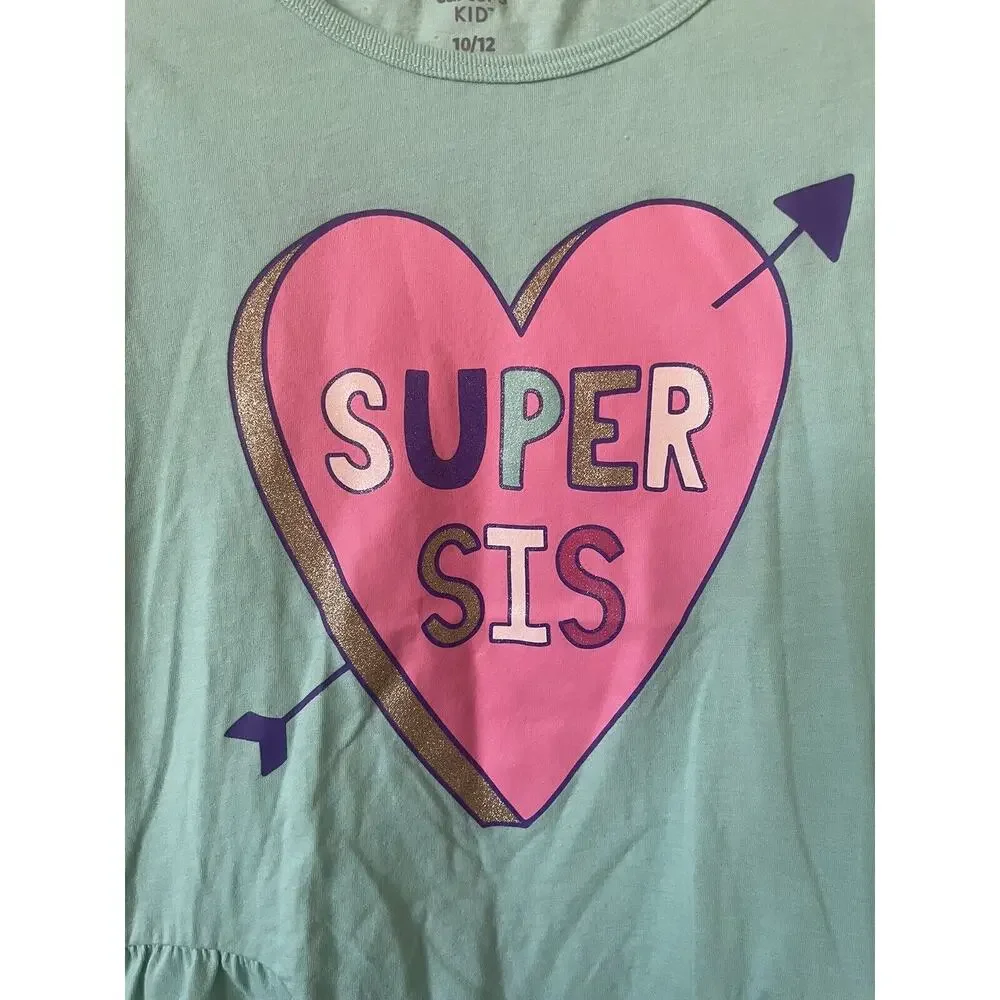 Carter’s Turquoise Sparkle Heart Super Sis Girls’ Long Sleeve Tee Top Size 10/12